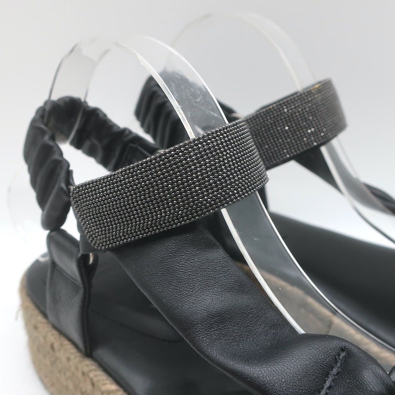 Brunello Cucinelli Monili Platform Espadrille Sandals Black Leather Size 38