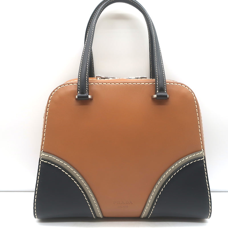 Prada City Stitch Pyramid Satchel Brown &amp; Black Leather Medium Crossbody Bag