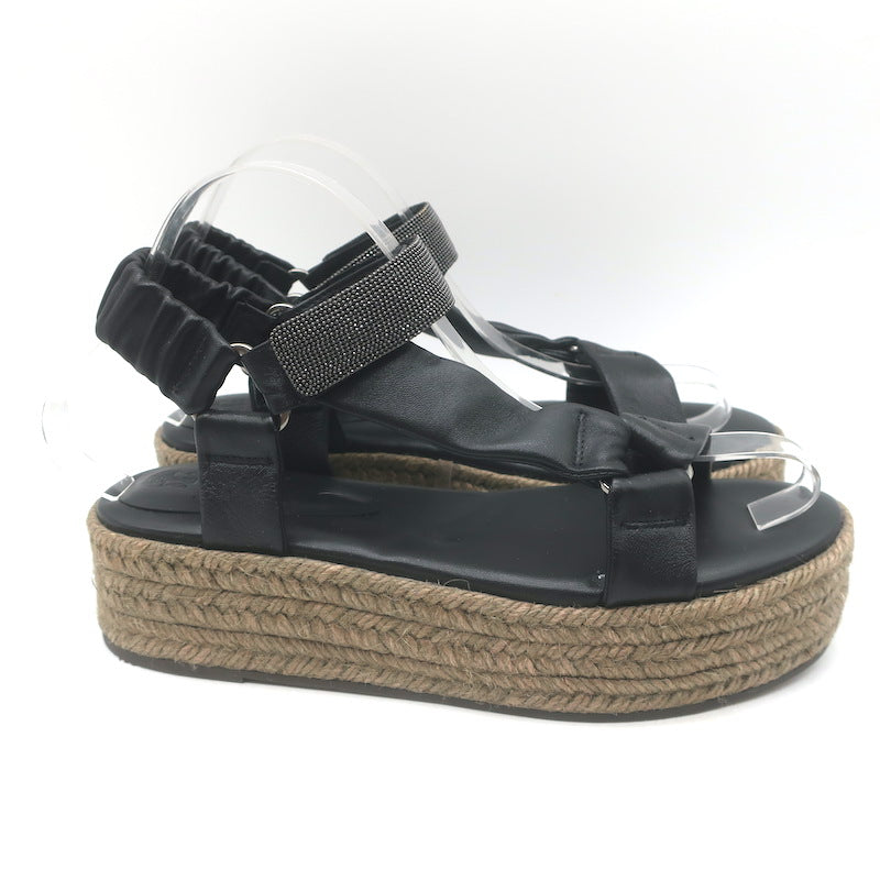 Brunello Cucinelli Monili Platform Espadrille Sandals Black Leather Size 38