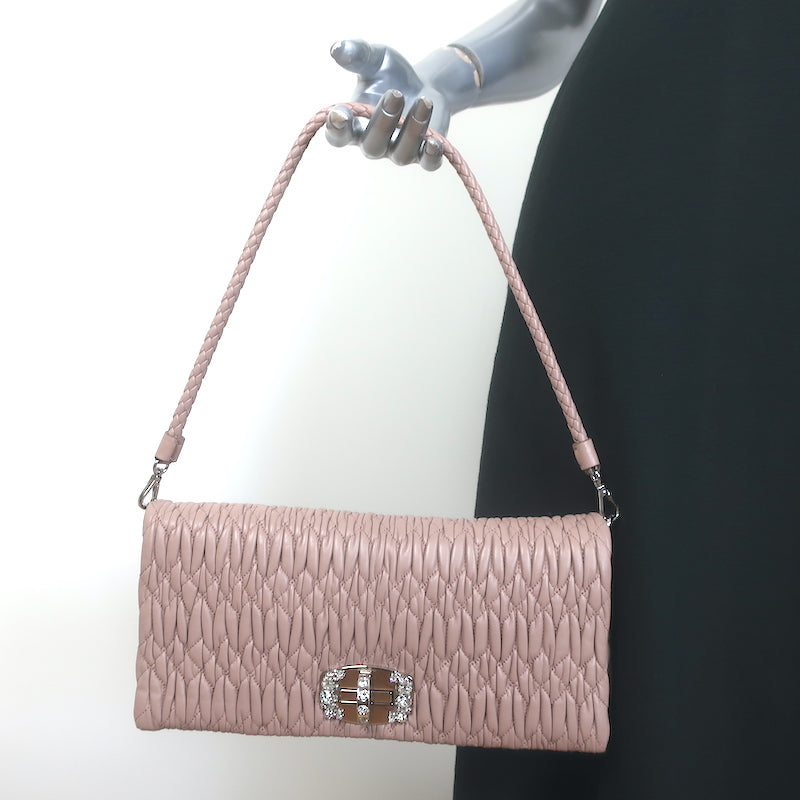 Miu Miu Crystal-Strap Flap Bag Cameo Pink Matelasse Leather Small Clutch