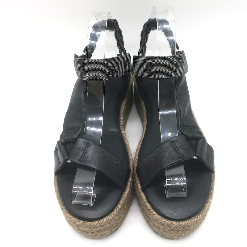 Brunello Cucinelli Monili Platform Espadrille Sandals Black Leather Size 38