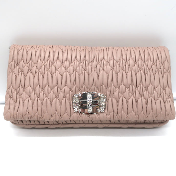 Miu Miu Crystal-Strap Flap Bag Cameo Pink Matelasse Leather Small Clutch
