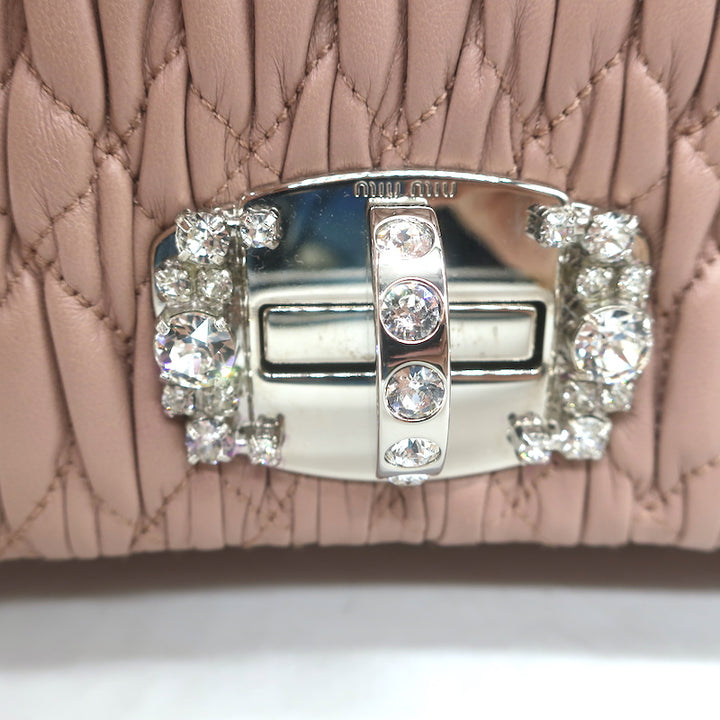 Miu Miu Crystal-Strap Flap Bag Cameo Pink Matelasse Leather Small Clutch