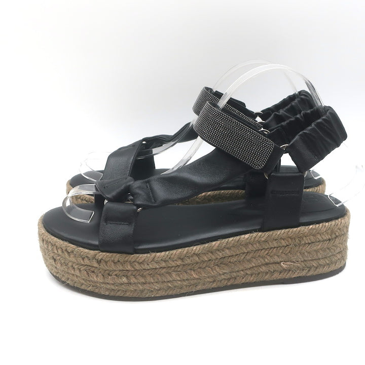 Brunello Cucinelli Monili Platform Espadrille Sandals Black Leather Size 38
