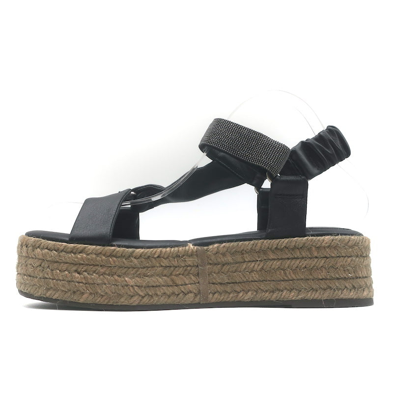 Brunello Cucinelli Monili Platform Espadrille Sandals Black Leather Size 38