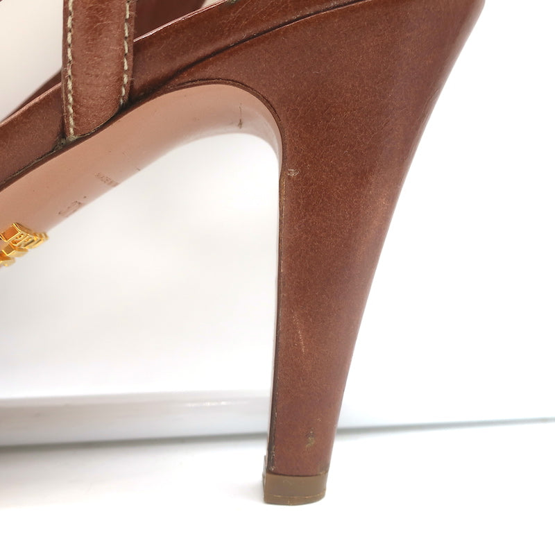 Prada Slingback Bow Sandals Brown Leather Size 37.5 Open Toe Platform Heels