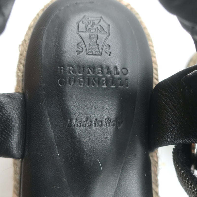 Brunello Cucinelli Monili Platform Espadrille Sandals Black Leather Size 38