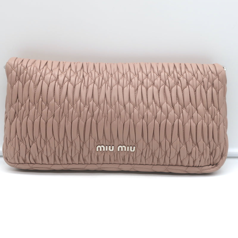 Miu Miu Crystal-Strap Flap Bag Cameo Pink Matelasse Leather Small Clutch