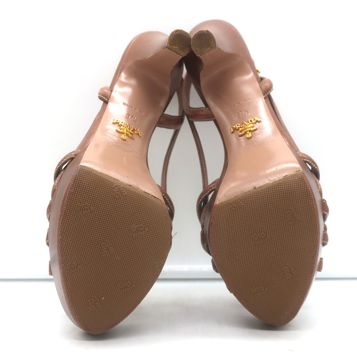 Prada Slingback Bow Sandals Brown Leather Size 37.5 Open Toe Platform Heels