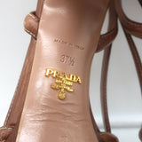 Prada Slingback Bow Sandals Brown Leather Size 37.5 Open Toe Platform Heels