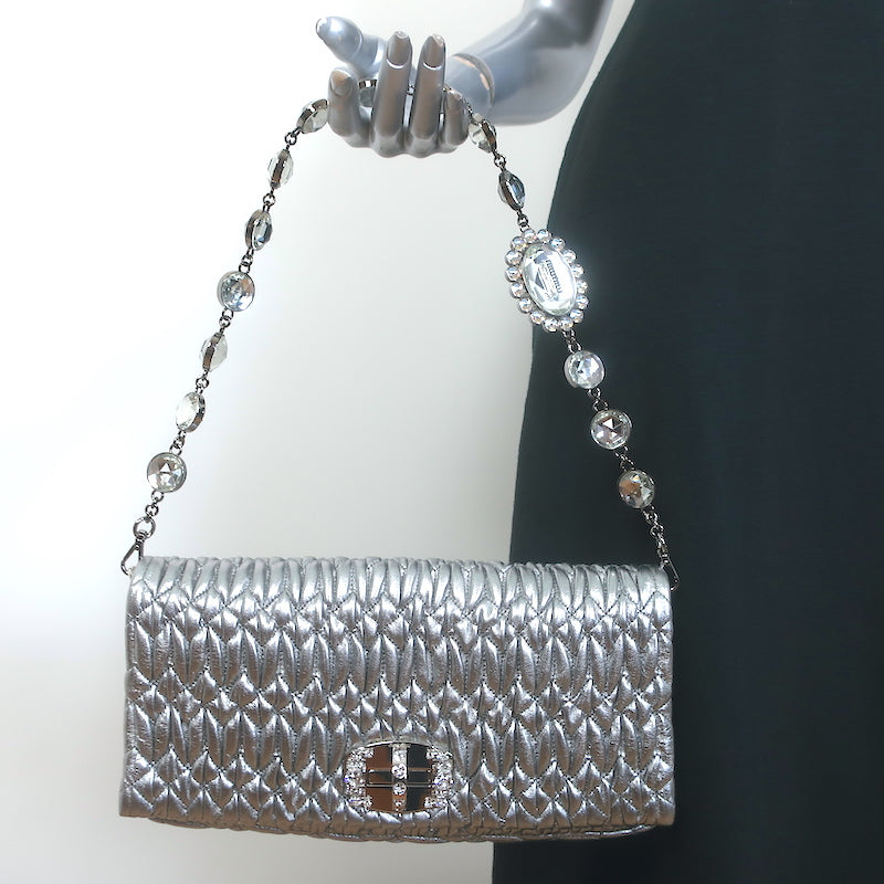 Miu Miu Crystal-Strap Flap Bag Silver Metallic Matelasse Leather