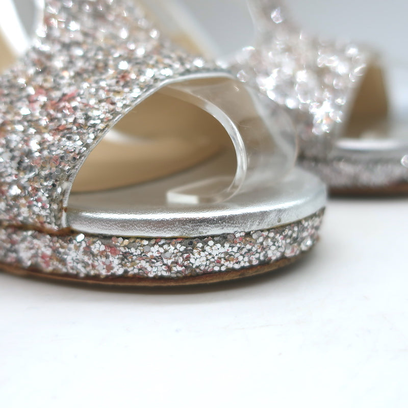 Jimmy Choo Lana Glitter T-Strap Sandals Silver Size 38 Open Toe Platform Heels