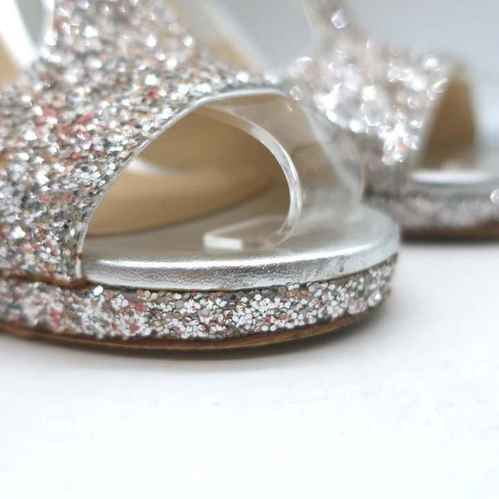Jimmy Choo Lana Glitter T-Strap Sandals Silver Size 38 Open Toe Platform Heels