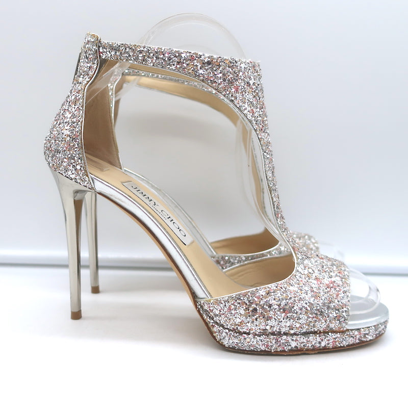 Jimmy Choo Lana Glitter T-Strap Sandals Silver Size 38 Open Toe Platform Heels