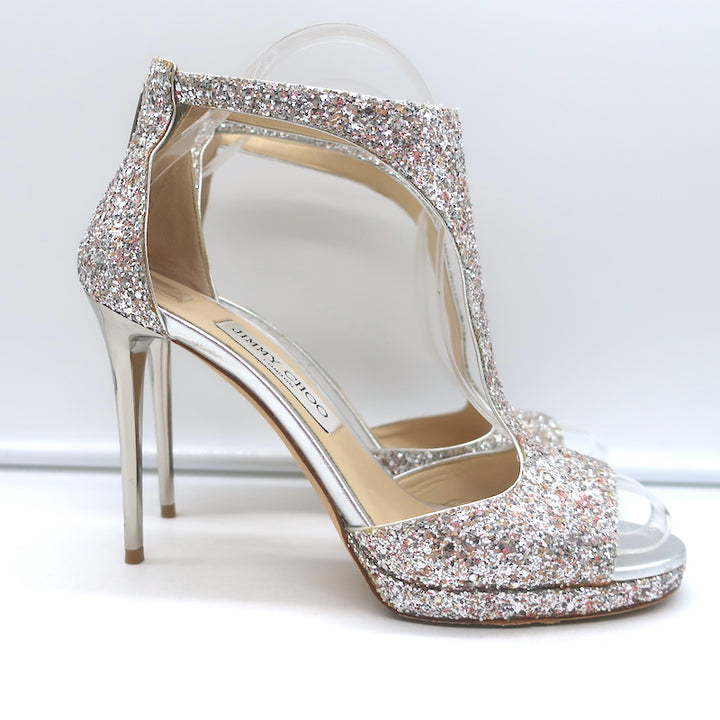 Jimmy Choo Lana Glitter T-Strap Sandals Silver Size 38 Open Toe Platform Heels