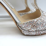 Jimmy Choo Lana Glitter T-Strap Sandals Silver Size 38 Open Toe Platform Heels