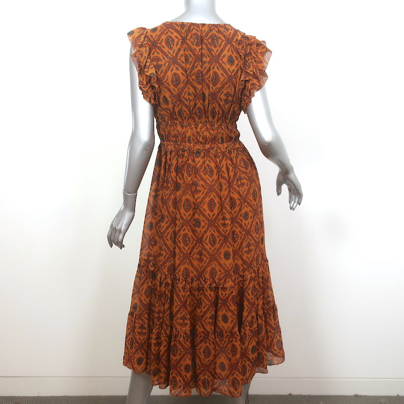 Ulla Johnson Flutter Sleeve Midi Dress Anika Ochre Printed Silk Georgette Size 0