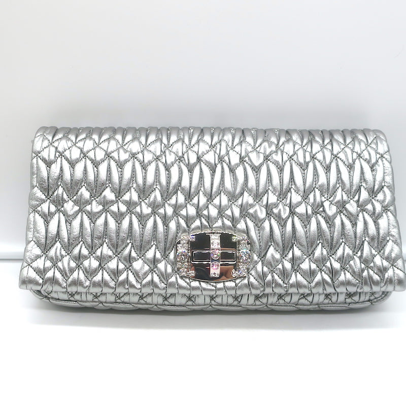 Miu Miu Crystal-Strap Flap Bag Silver Metallic Matelasse Leather