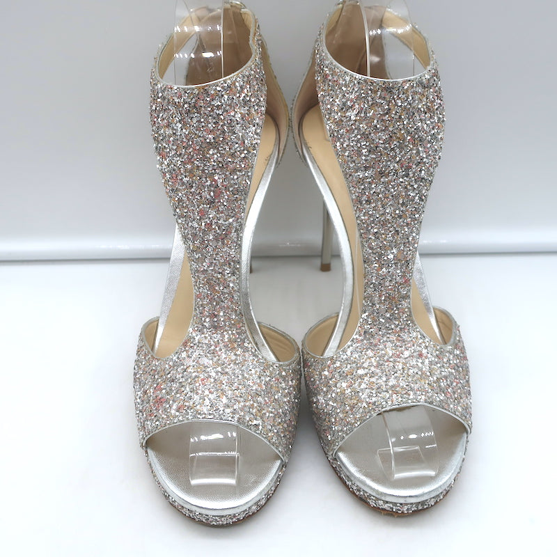 Jimmy Choo Lana Glitter T-Strap Sandals Silver Size 38 Open Toe Platform Heels
