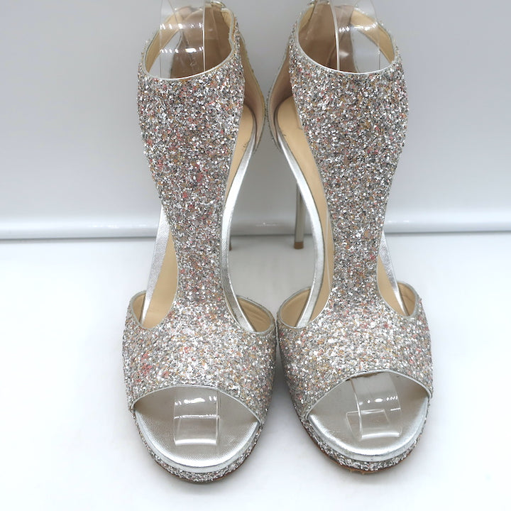 Jimmy Choo Lana Glitter T-Strap Sandals Silver Size 38 Open Toe Platform Heels
