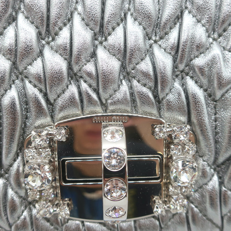 Miu Miu Crystal-Strap Flap Bag Silver Metallic Matelasse Leather