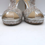 Jimmy Choo Lana Glitter T-Strap Sandals Silver Size 38 Open Toe Platform Heels