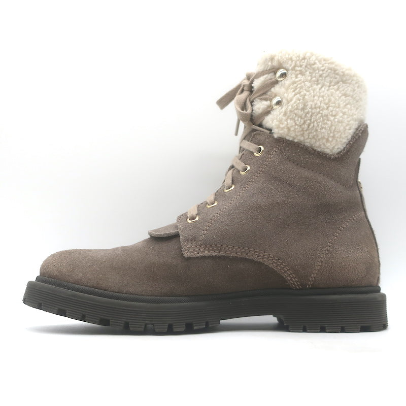 Moncler Patty Shearling Hiking Boots Taupe Gray Suede Size 36
