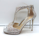 Jimmy Choo Lana Glitter T-Strap Sandals Silver Size 38 Open Toe Platform Heels
