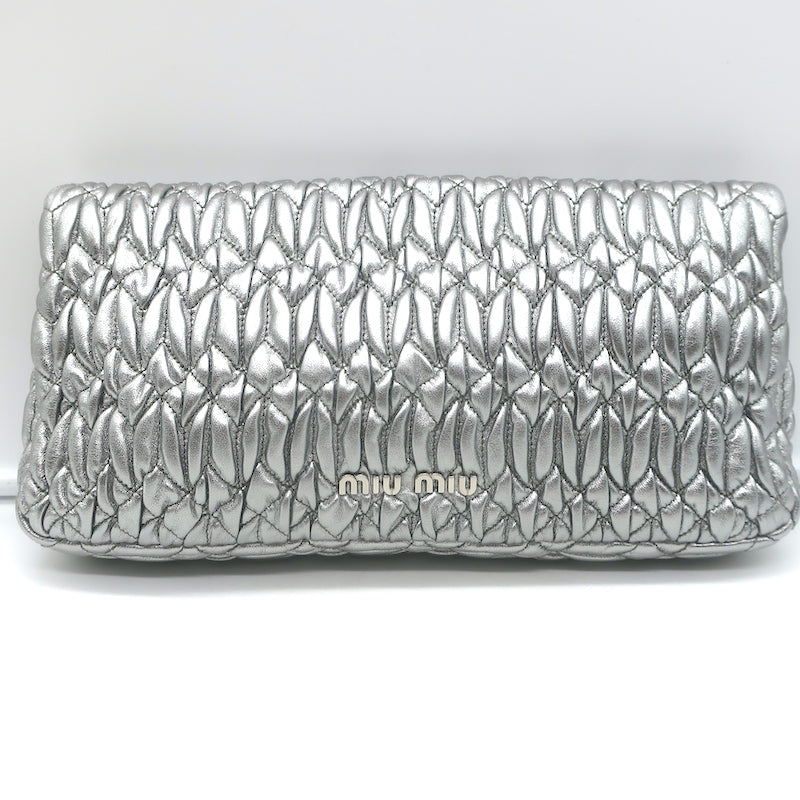 Miu Miu Crystal-Strap Flap Bag Silver Metallic Matelasse Leather