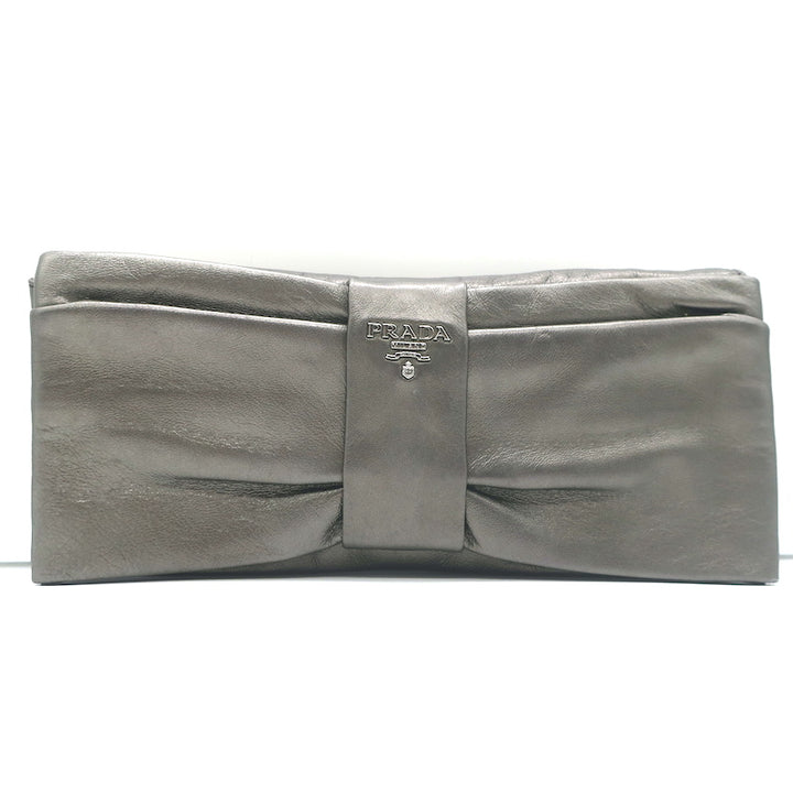 Prada Bow Clutch Pewter Metallic Leather