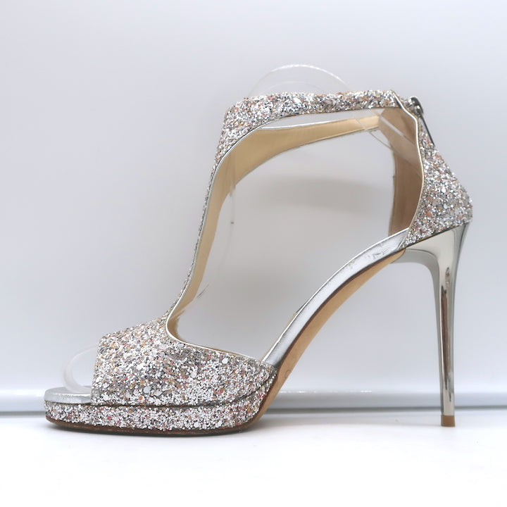 Jimmy Choo Lana Glitter T-Strap Sandals Silver Size 38 Open Toe Platform Heels