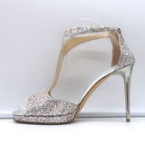 Jimmy Choo Lana Glitter T-Strap Sandals Silver Size 38 Open Toe Platform Heels