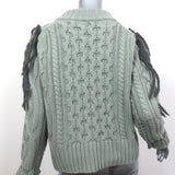 Sacai Leopard Fringe Sweater Light Sage Cable Knit Wool Size 1 Crewneck Pullover