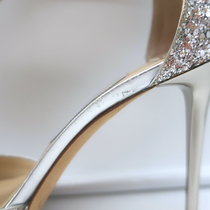 Jimmy Choo Lana Glitter T-Strap Sandals Silver Size 38 Open Toe Platform Heels