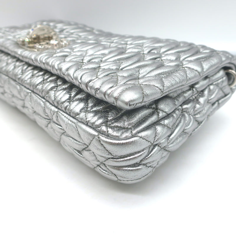 Miu Miu Crystal-Strap Flap Bag Silver Metallic Matelasse Leather