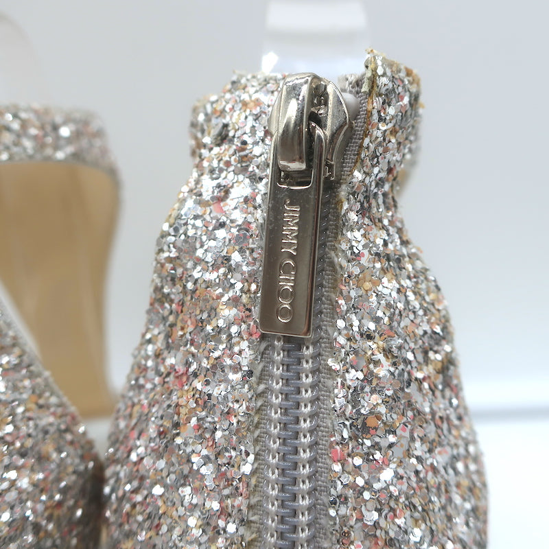 Jimmy Choo Lana Glitter T-Strap Sandals Silver Size 38 Open Toe Platform Heels