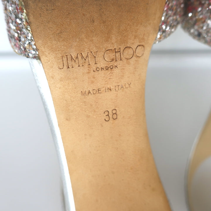Jimmy Choo Lana Glitter T-Strap Sandals Silver Size 38 Open Toe Platform Heels