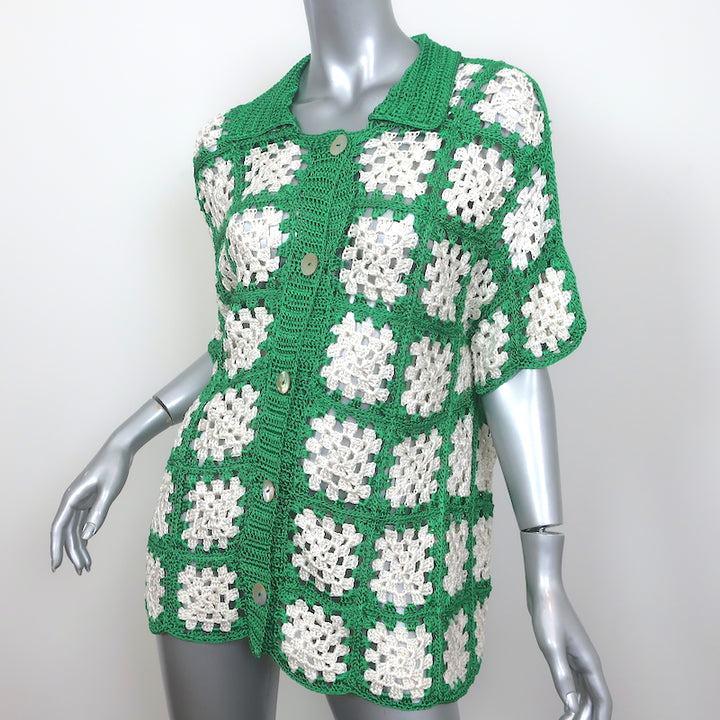 Calle Del Mar Short Sleeve Crochet Shirt Green/Cream Size Medium