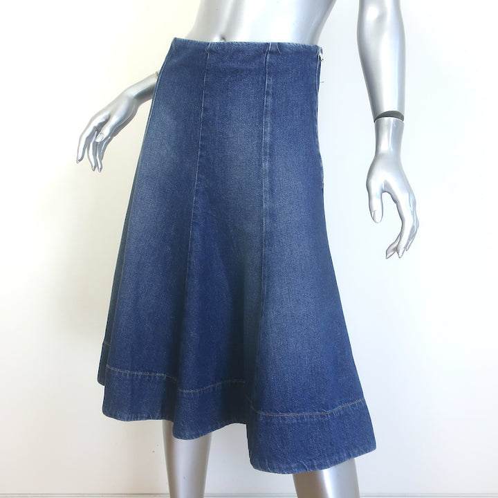 KHAITE Lennox Flared Denim Midi Skirt Archer Blue Cotton Size 0 NEW