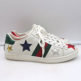Gucci Ace Web Star Low Top Sneakers White & Metallic Leather Size 37