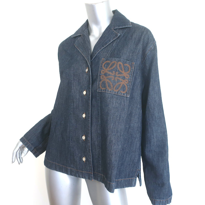 Loewe Anagram Embroidered Denim Shirt Indigo Cotton-Linen Size 38