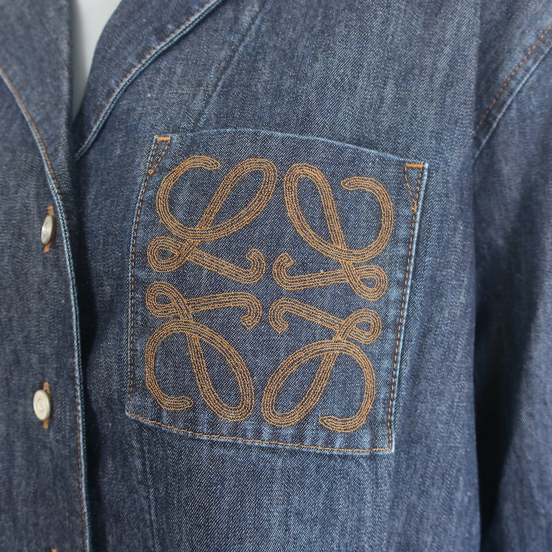 Loewe Anagram Embroidered Denim Shirt Indigo Cotton-Linen Size 38