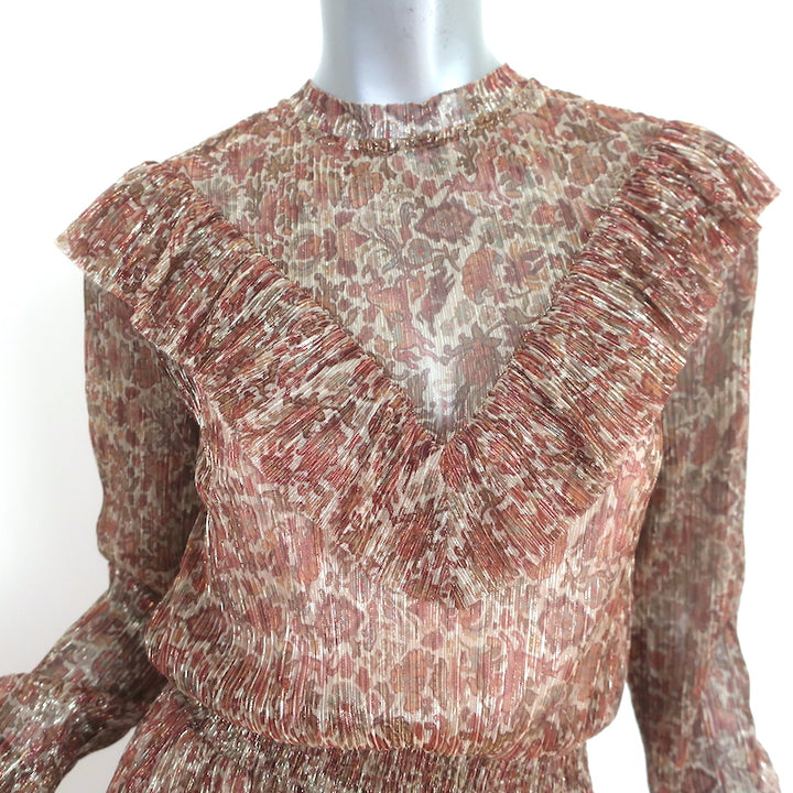 Ted Baker Debbix Ruffle Midi Dress Gold/Multi Metallic Printed Size 3 NEW
