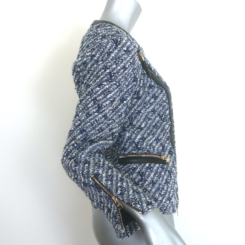 Louis Vuitton Monogram Tweed Biker Jacket Blue/White Cotton-Blend Size 38