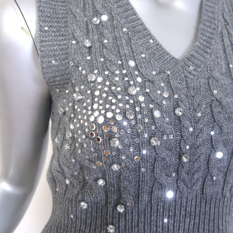 Des_Phemmes Crystal-Embellished Cable Knit Sweater Vest Gray Size Extra Small