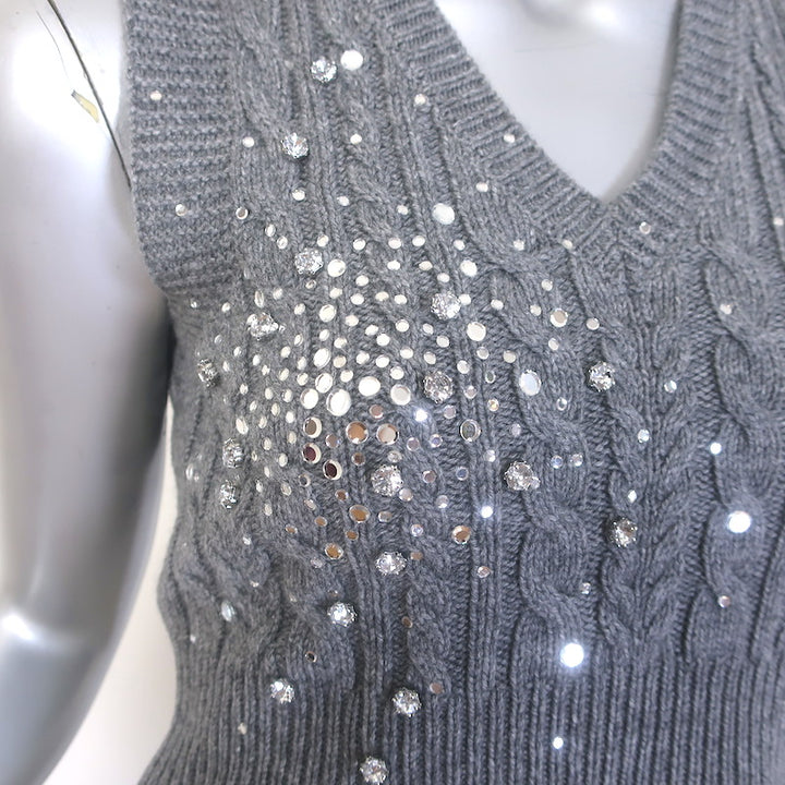 Des_Phemmes Crystal-Embellished Cable Knit Sweater Vest Gray Size Extra Small