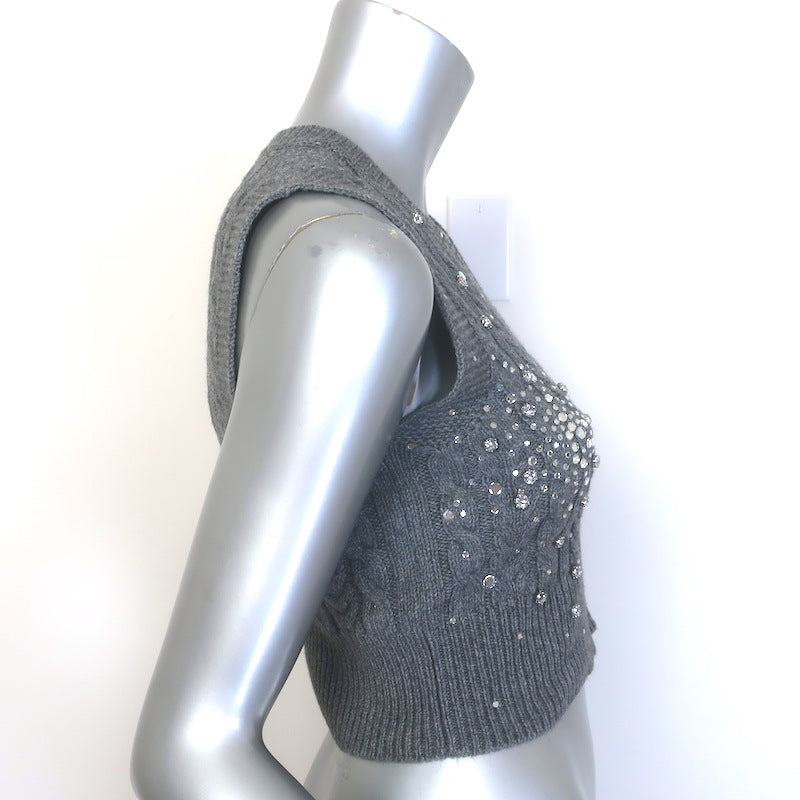 Des_Phemmes Crystal-Embellished Cable Knit Sweater Vest Gray Size Extra Small