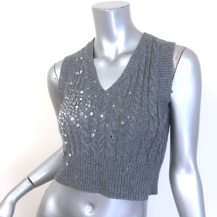 Des_Phemmes Crystal-Embellished Cable Knit Sweater Vest Gray Size Extra Small