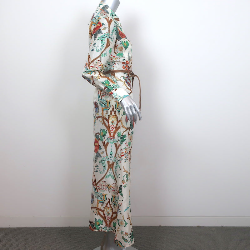 Alberta Ferretti Maxi Shirt Dress Cream/Multi Floral Print Silk Size US 4 NEW