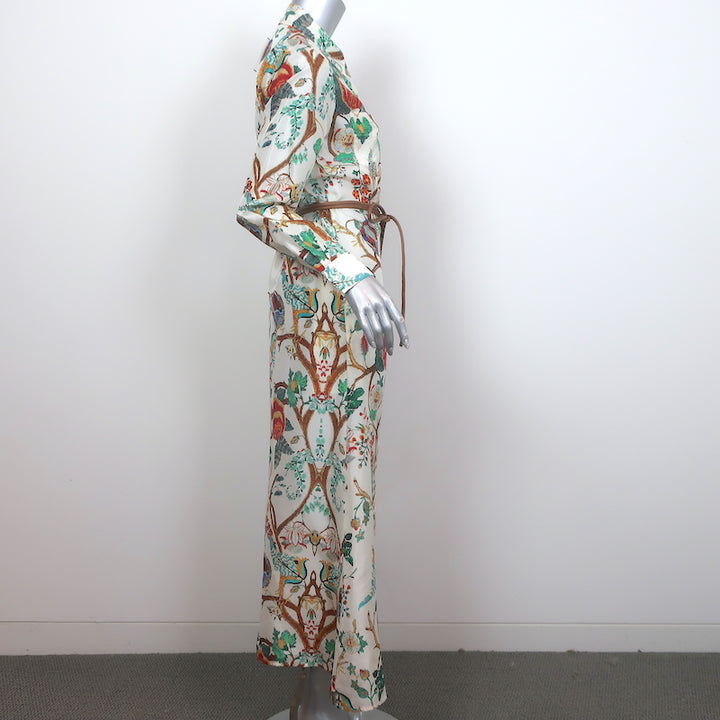 Alberta Ferretti Maxi Shirt Dress Cream/Multi Floral Print Silk Size US 4 NEW